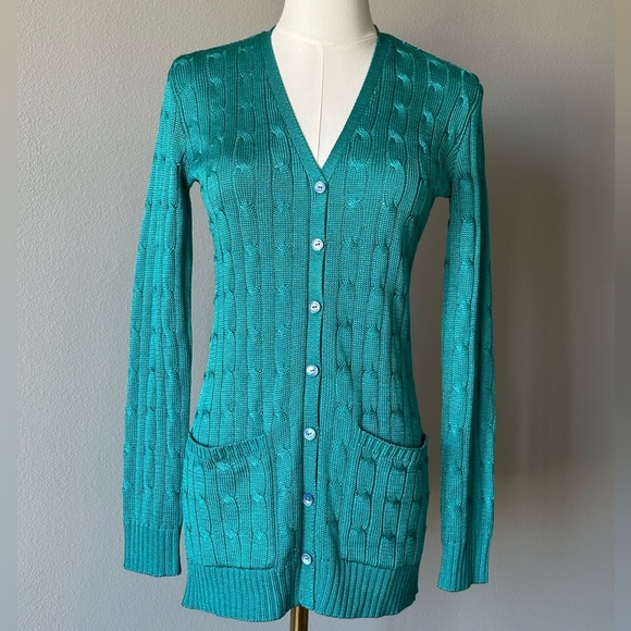 Ralph Lauren Silk Turquoise Cable Knit Women's Cardigan - Picture 1 of 12